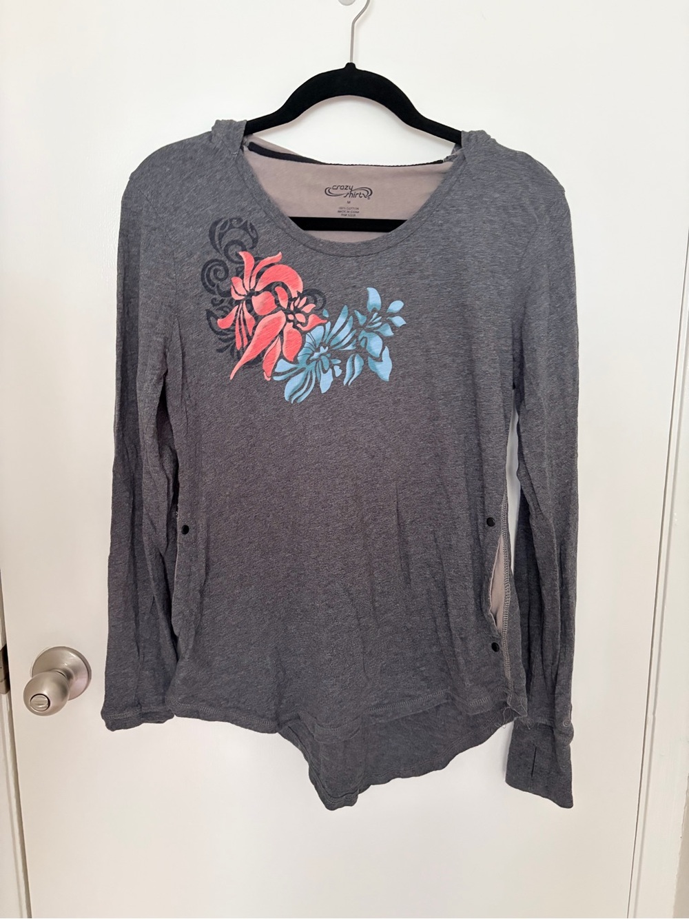 Crazy Shirts- Gray Hooded Long-Sleeve Top with Coral & Light Blue Floral- M - Picture 2 of 8